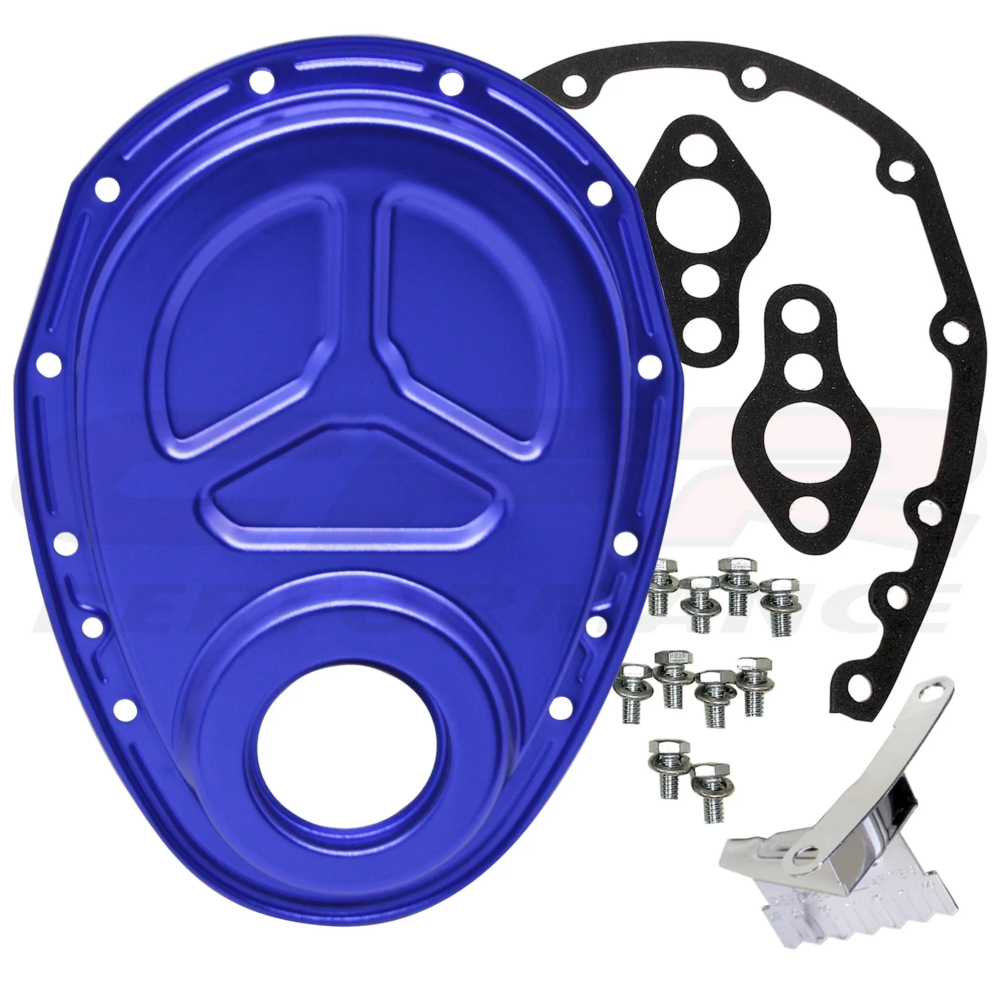 1955-95 CHEVY SMALL BLOCK 283-305-327-350-400 ALUMINUM TIMING CHAIN COVER SET (ROLLER CAM) - BLUE