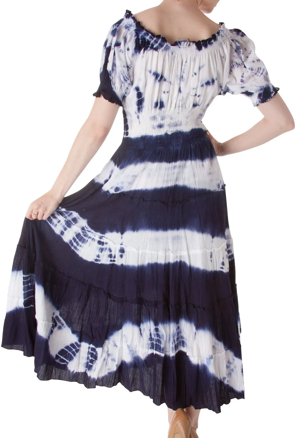 2-Tone Tie Dye Cap Sleeves Smocked Waist Tiered Guazy Long Dress - FINAL SALE