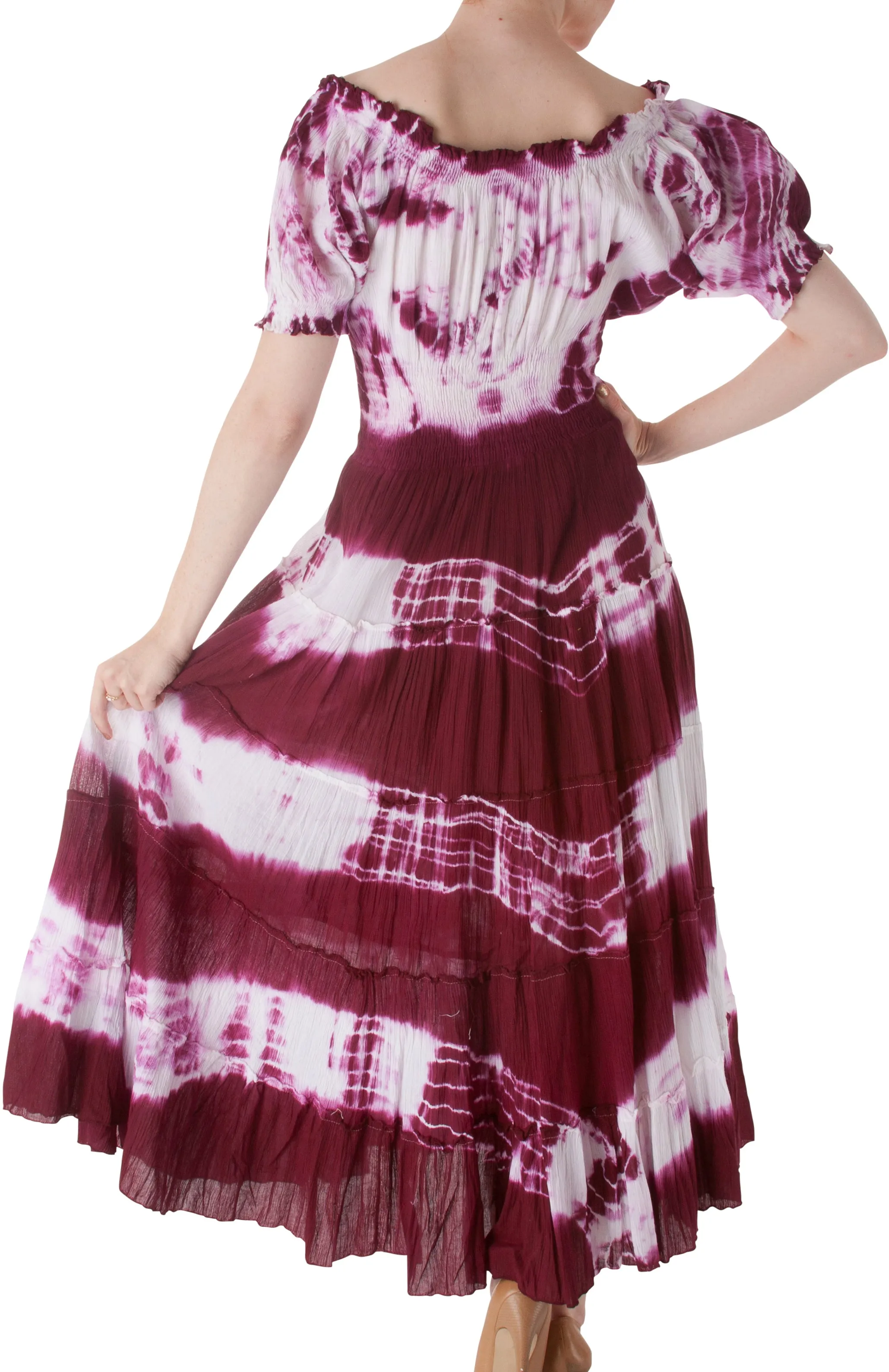 2-Tone Tie Dye Cap Sleeves Smocked Waist Tiered Guazy Long Dress - FINAL SALE