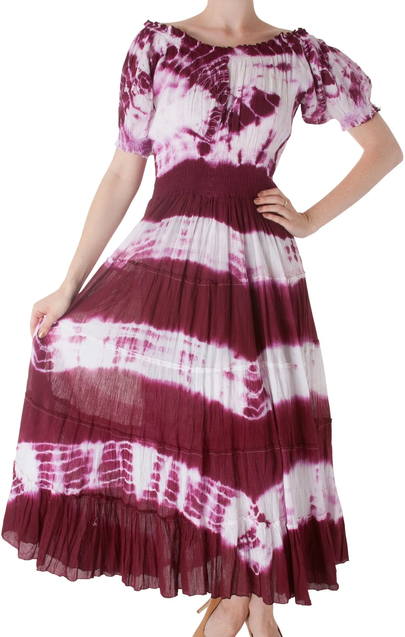 2-Tone Tie Dye Cap Sleeves Smocked Waist Tiered Guazy Long Dress - FINAL SALE