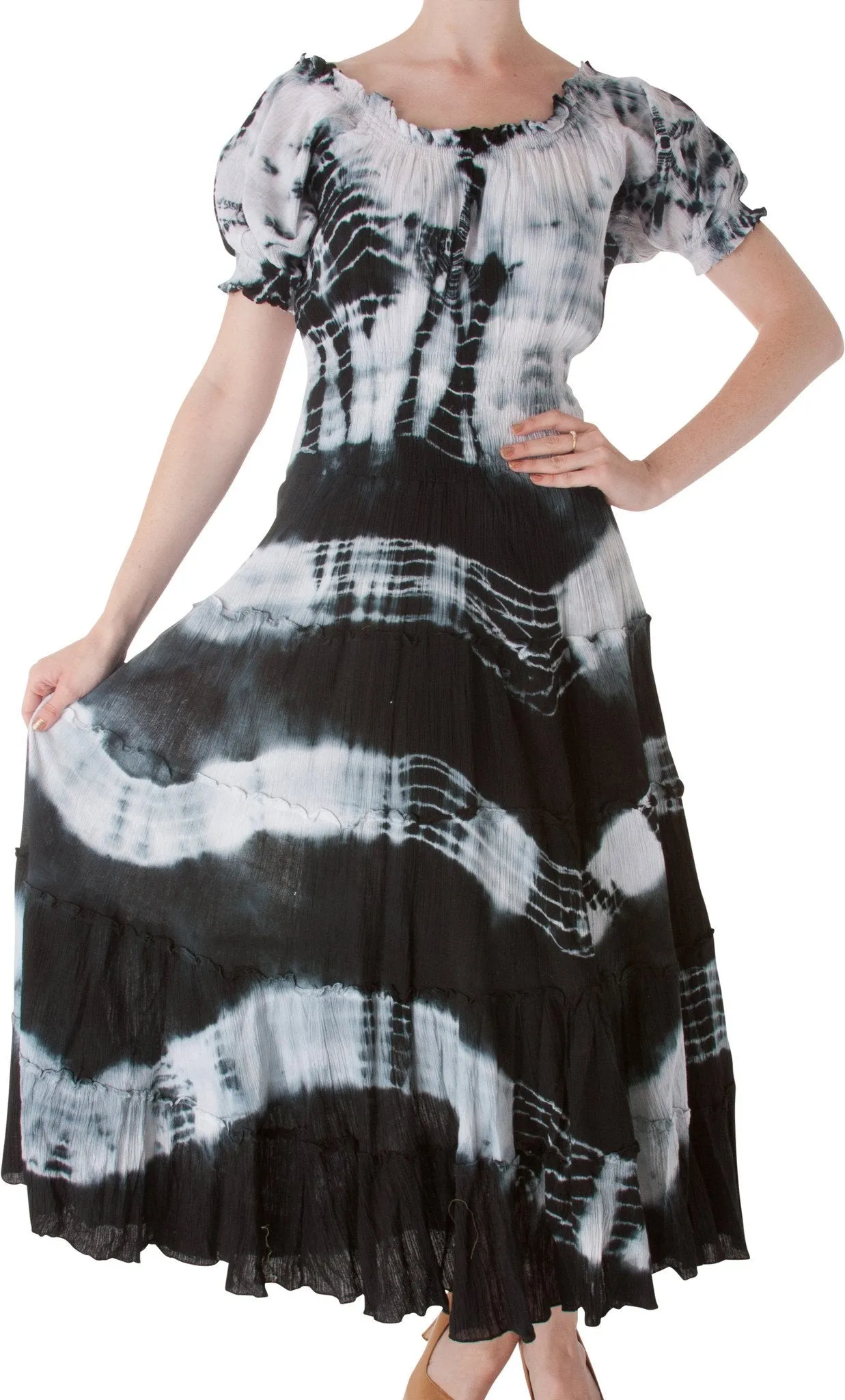 2-Tone Tie Dye Cap Sleeves Smocked Waist Tiered Guazy Long Dress - FINAL SALE