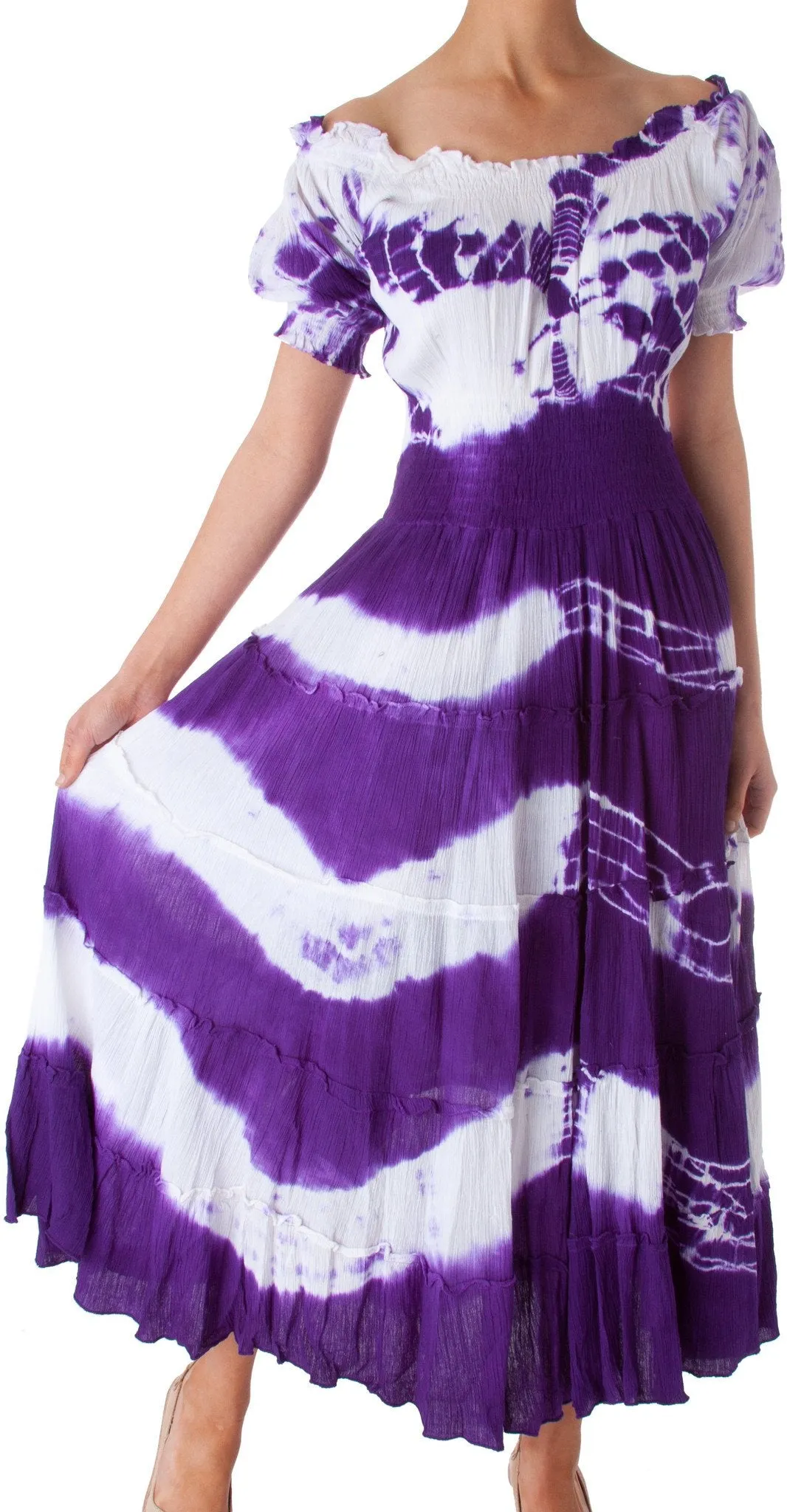 2-Tone Tie Dye Cap Sleeves Smocked Waist Tiered Guazy Long Dress - FINAL SALE