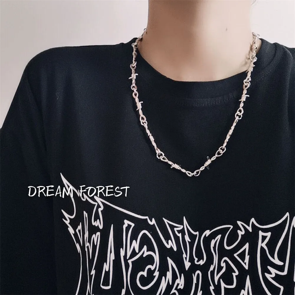 2pcs/Set Hip Hop Men and Women's Jewelry Set Iron Thorns Hip Hop Gothic Punk Iron Wire Collar Men's and Women's Necklaces Bracelet