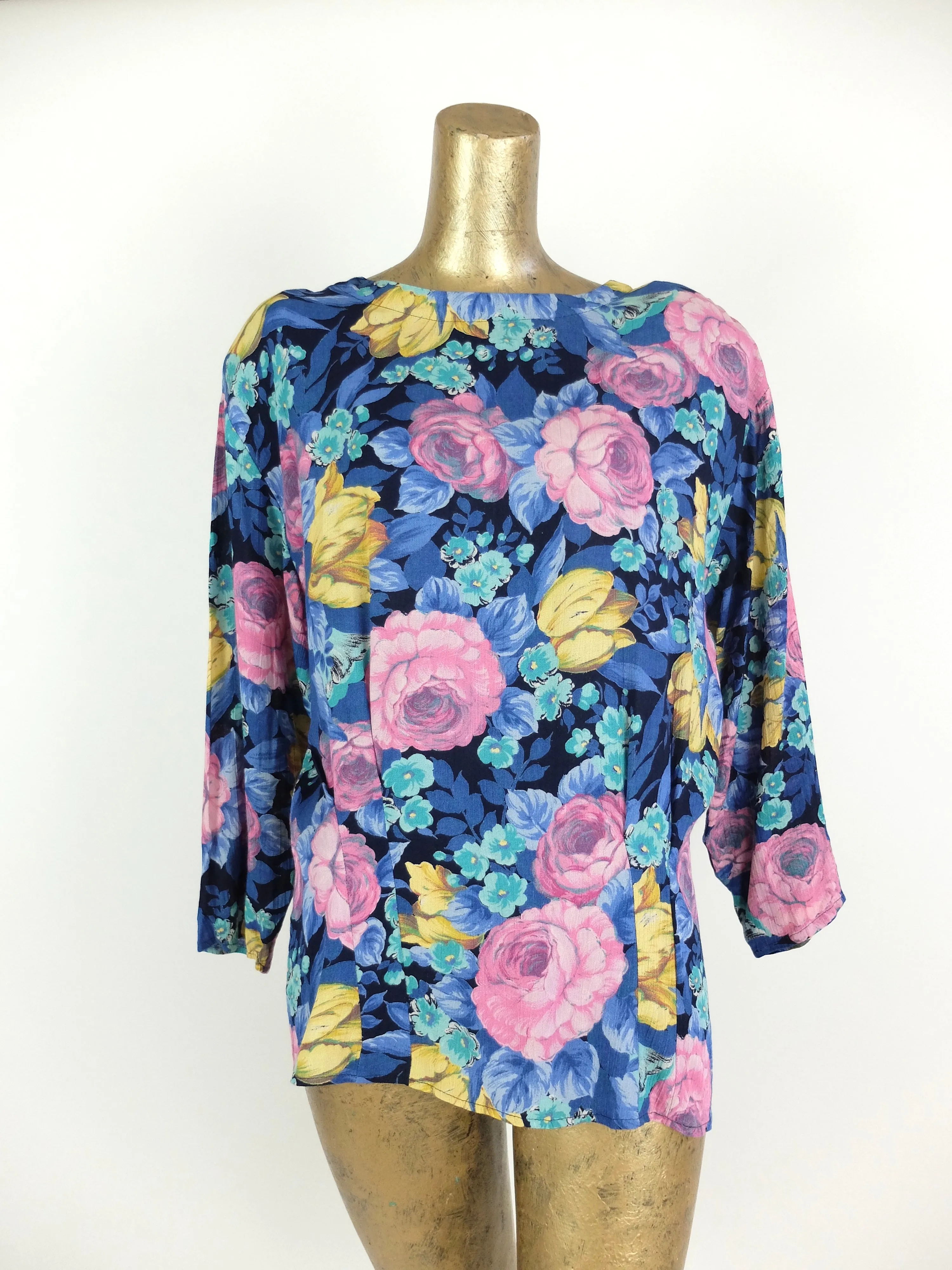 80s Bohemian Romantic Floral 3/4 Sleeve Blouse with Shoulder Pads