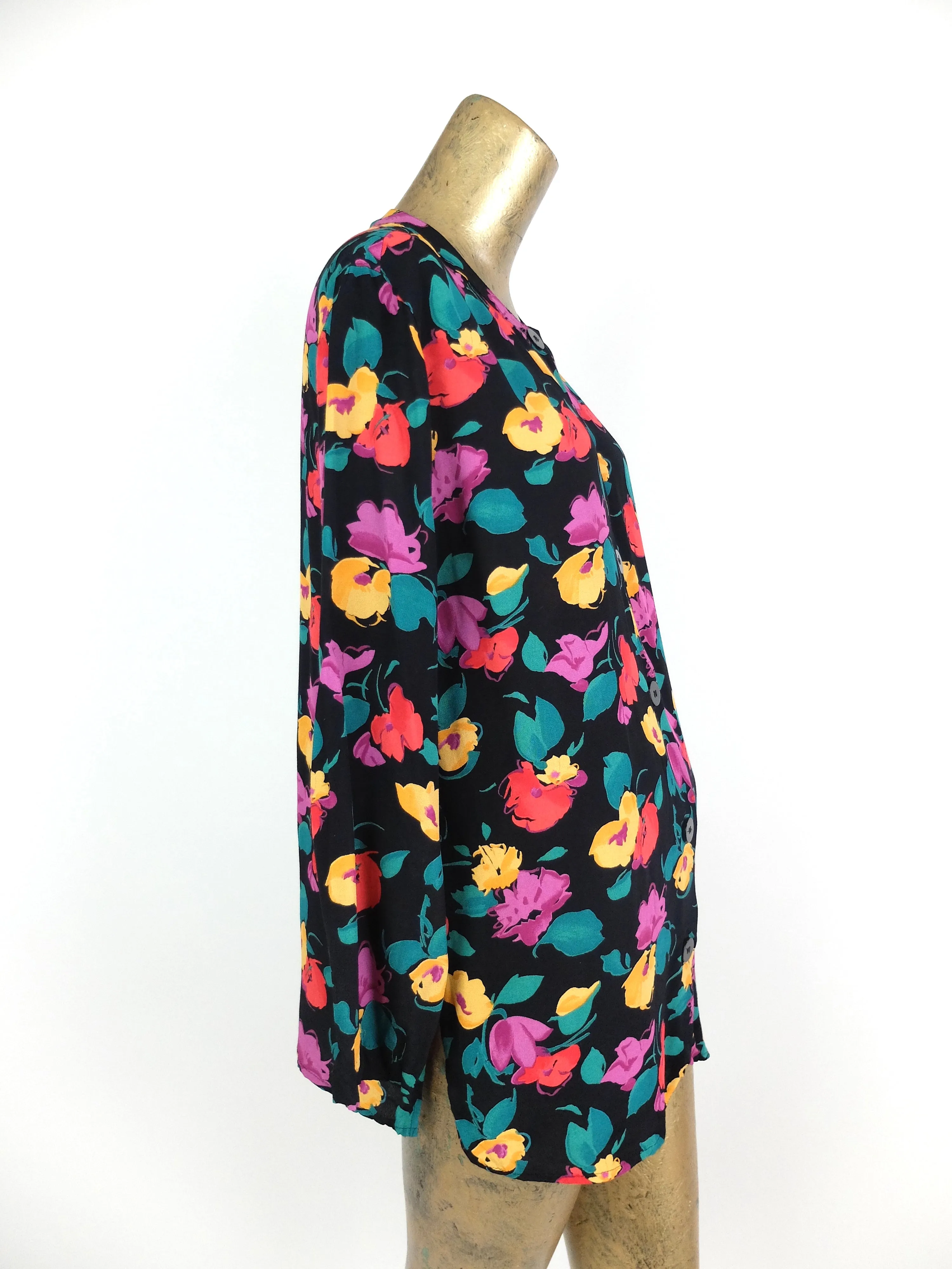 80s Floral Abstract Long Sleeve Button Up Blouse