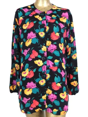 80s Floral Abstract Long Sleeve Button Up Blouse