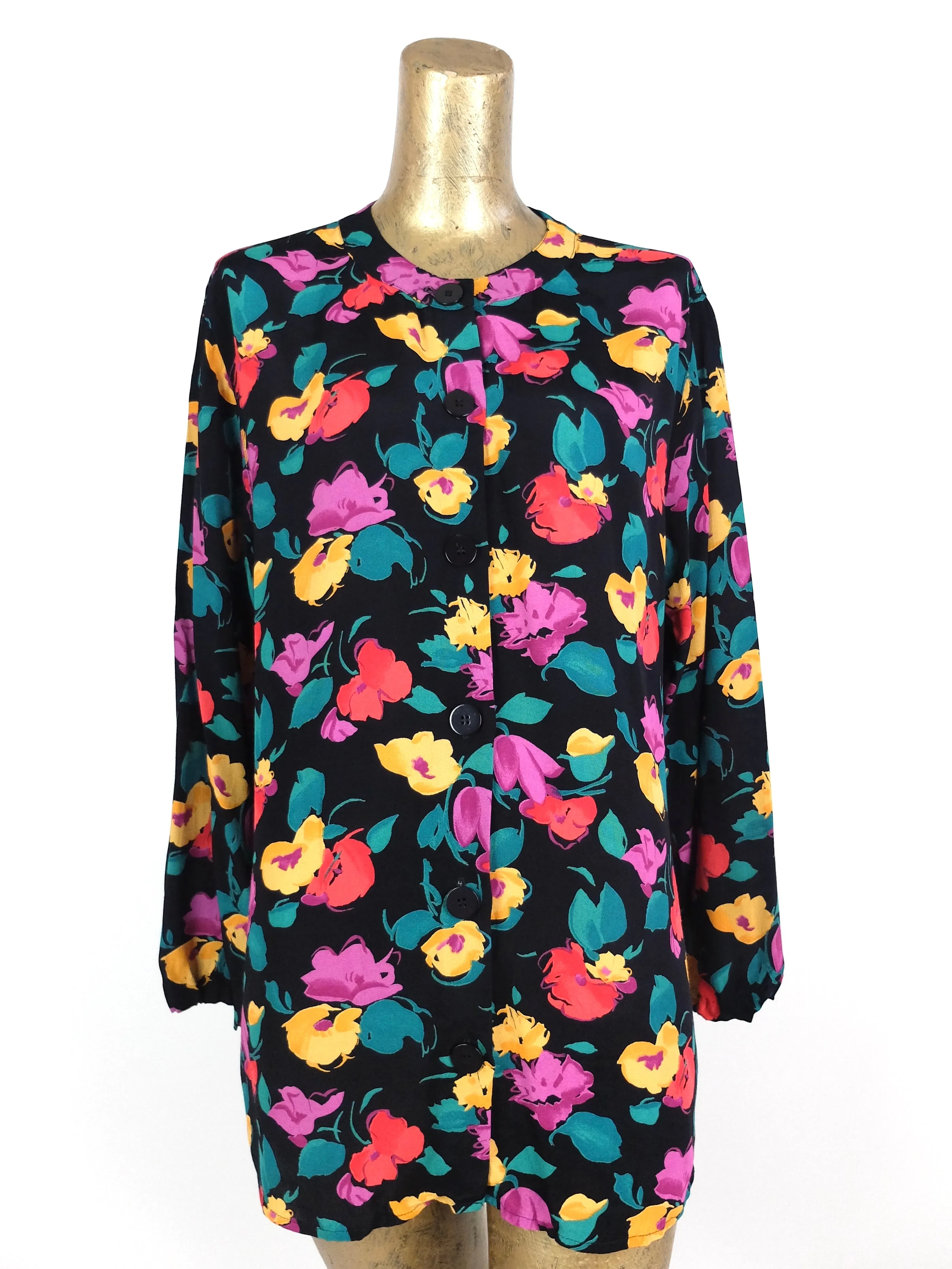 80s Floral Abstract Long Sleeve Button Up Blouse