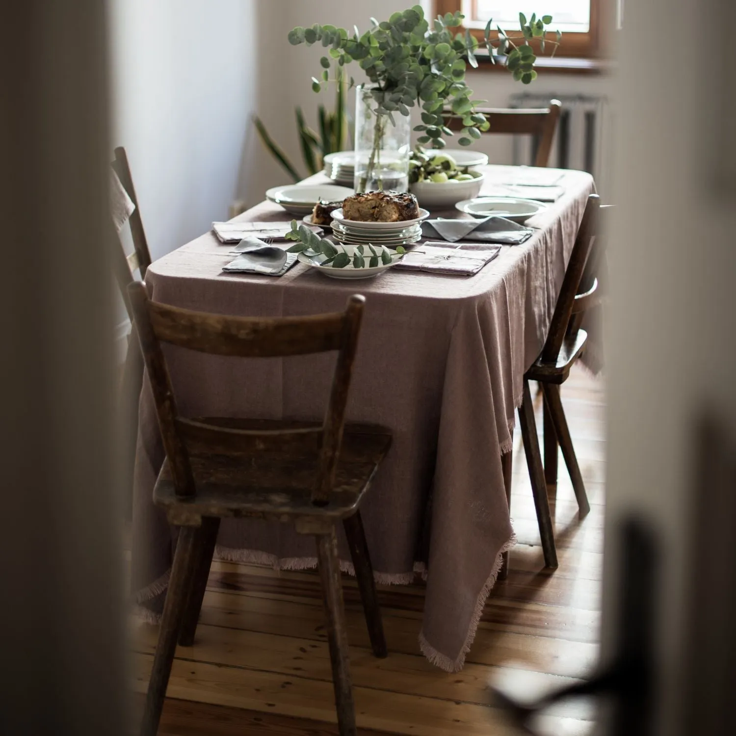 Ashes of Roses Linen Tablecloth with Fringe