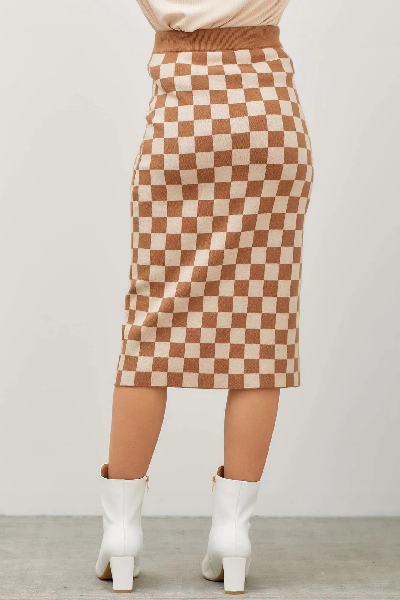 Beige Checkered Print Midi Skirt