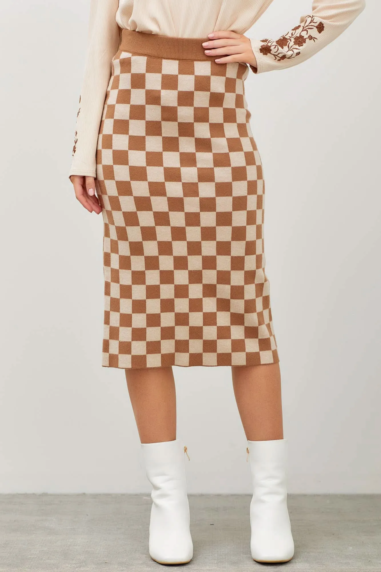 Beige Checkered Print Midi Skirt