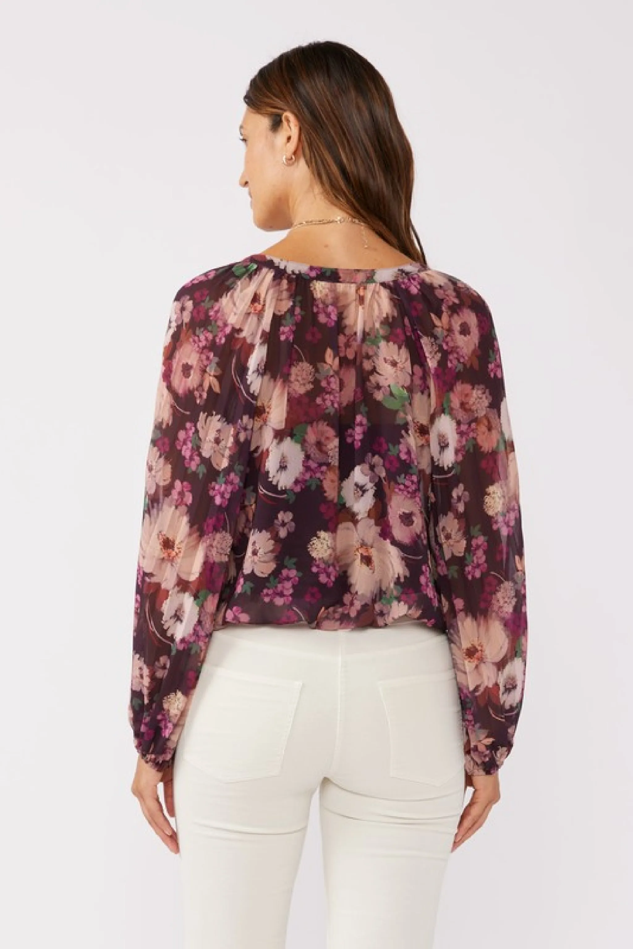 Betty Pleated Long Sleeve Button Down Floral Print Top Violet