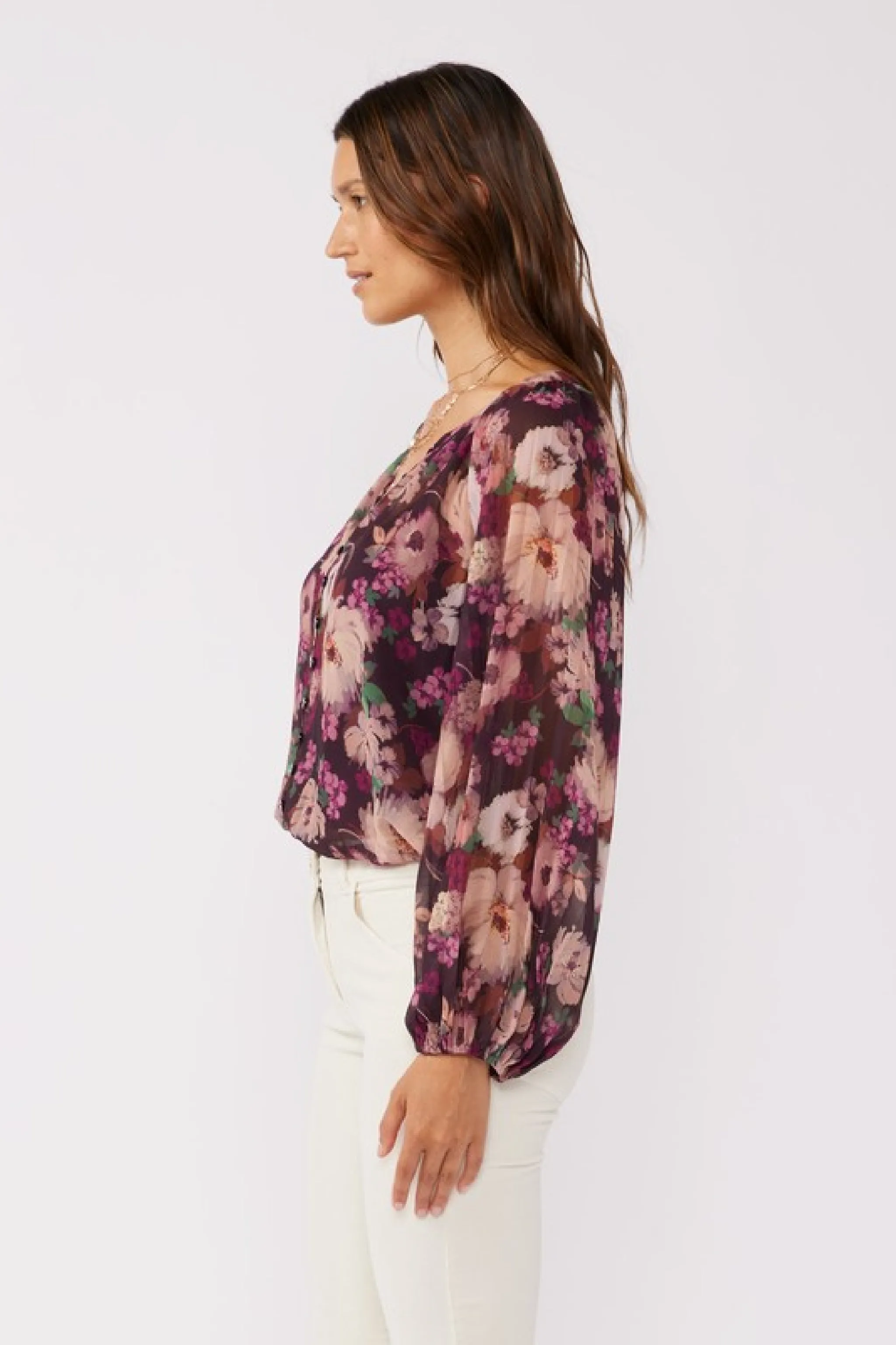 Betty Pleated Long Sleeve Button Down Floral Print Top Violet