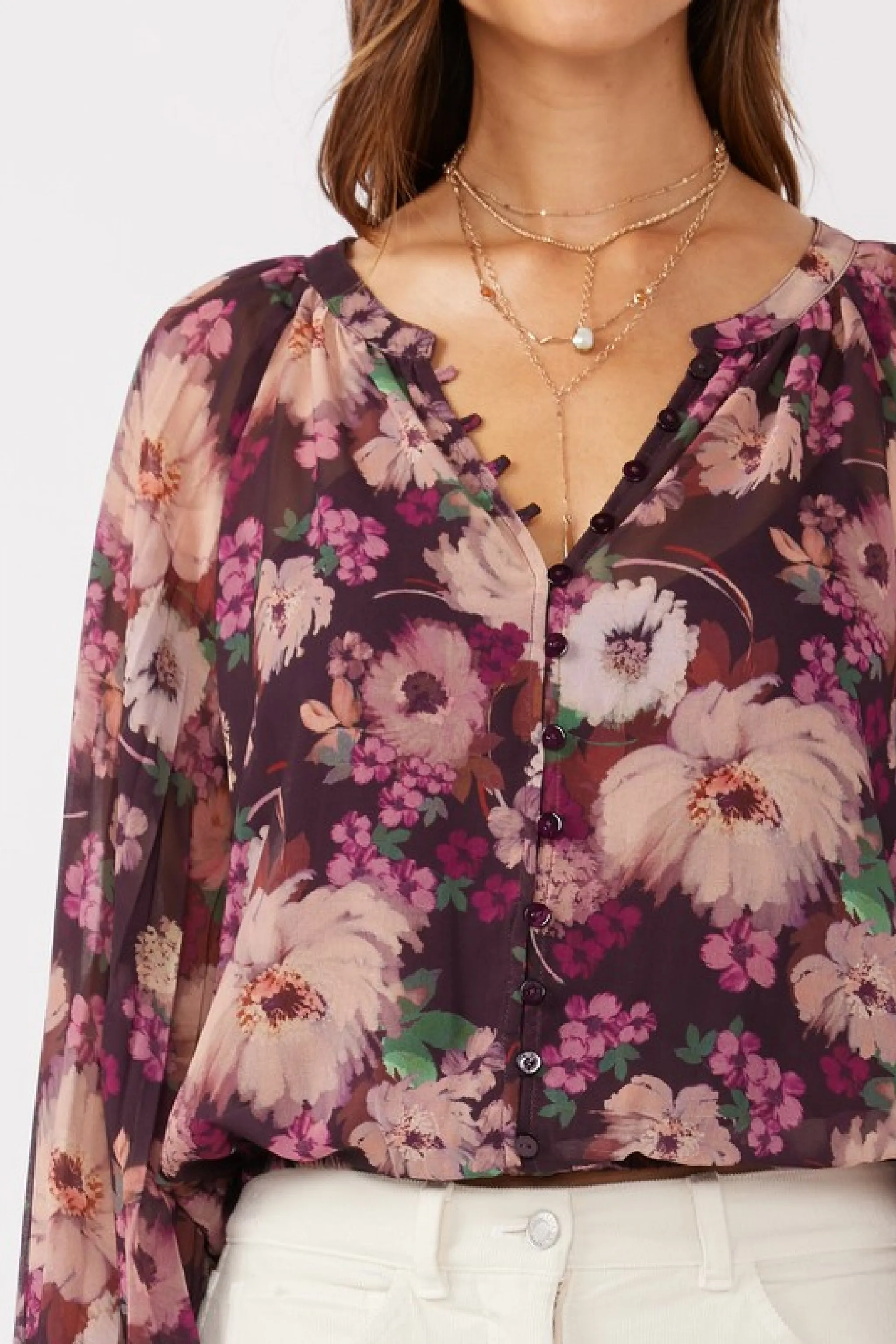 Betty Pleated Long Sleeve Button Down Floral Print Top Violet