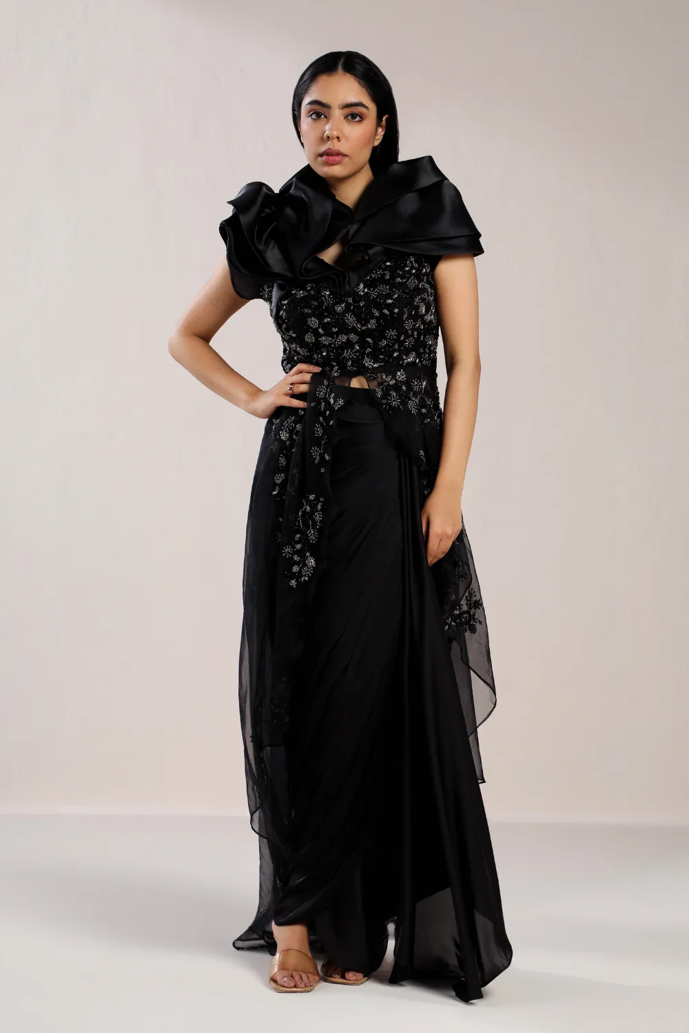 Black Cutdana  Embroidered Hi-Low Peplum With Pleated Draped Skirt