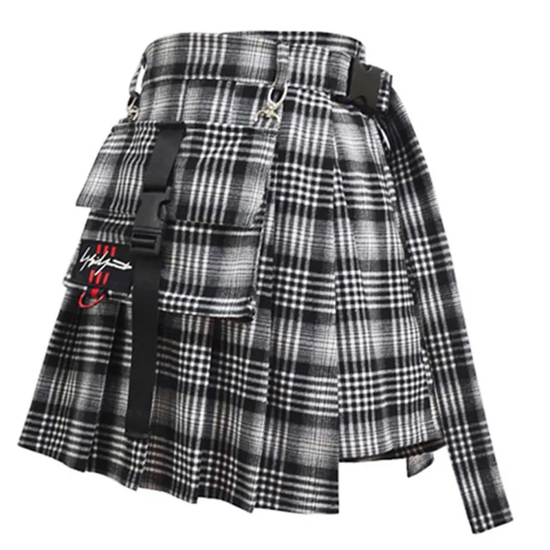 Black Grey Plaid Pleated Open Skirt SD00648