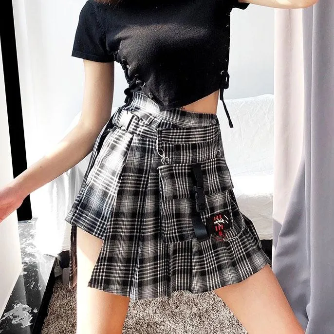 Black Grey Plaid Pleated Open Skirt SD00648