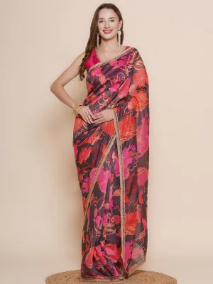 Black Multi Floral Printed Chanderi Sarees with Embellished border