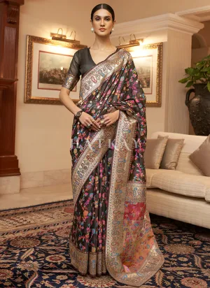 Black Multi Kashmiri Weaved Silk Saree