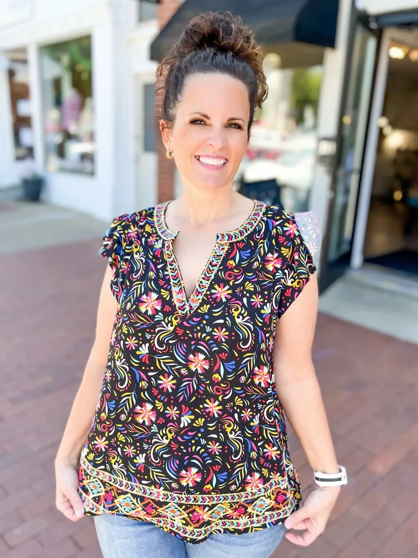 Black Multi Print Embroidered Blouse