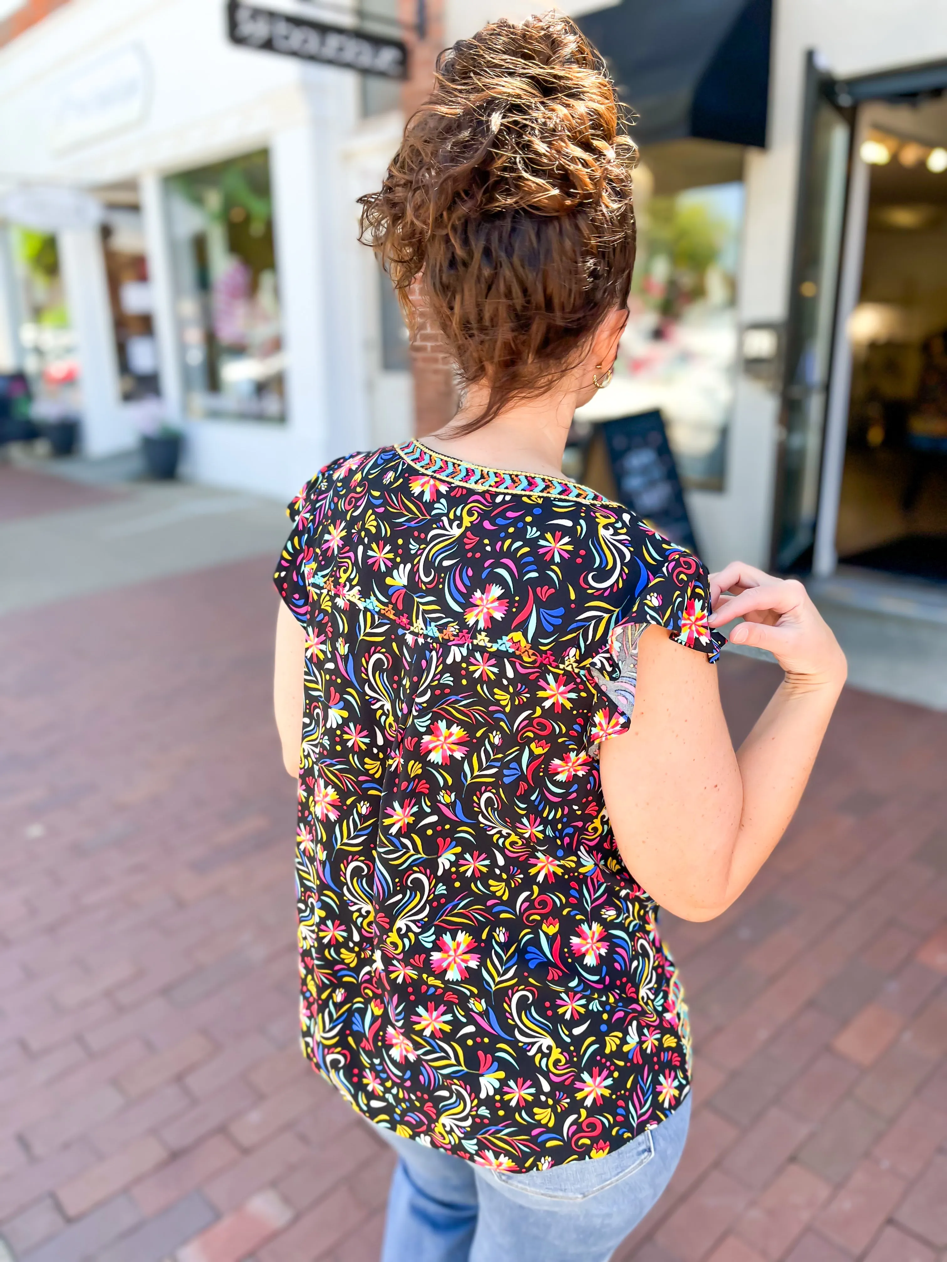 Black Multi Print Embroidered Blouse