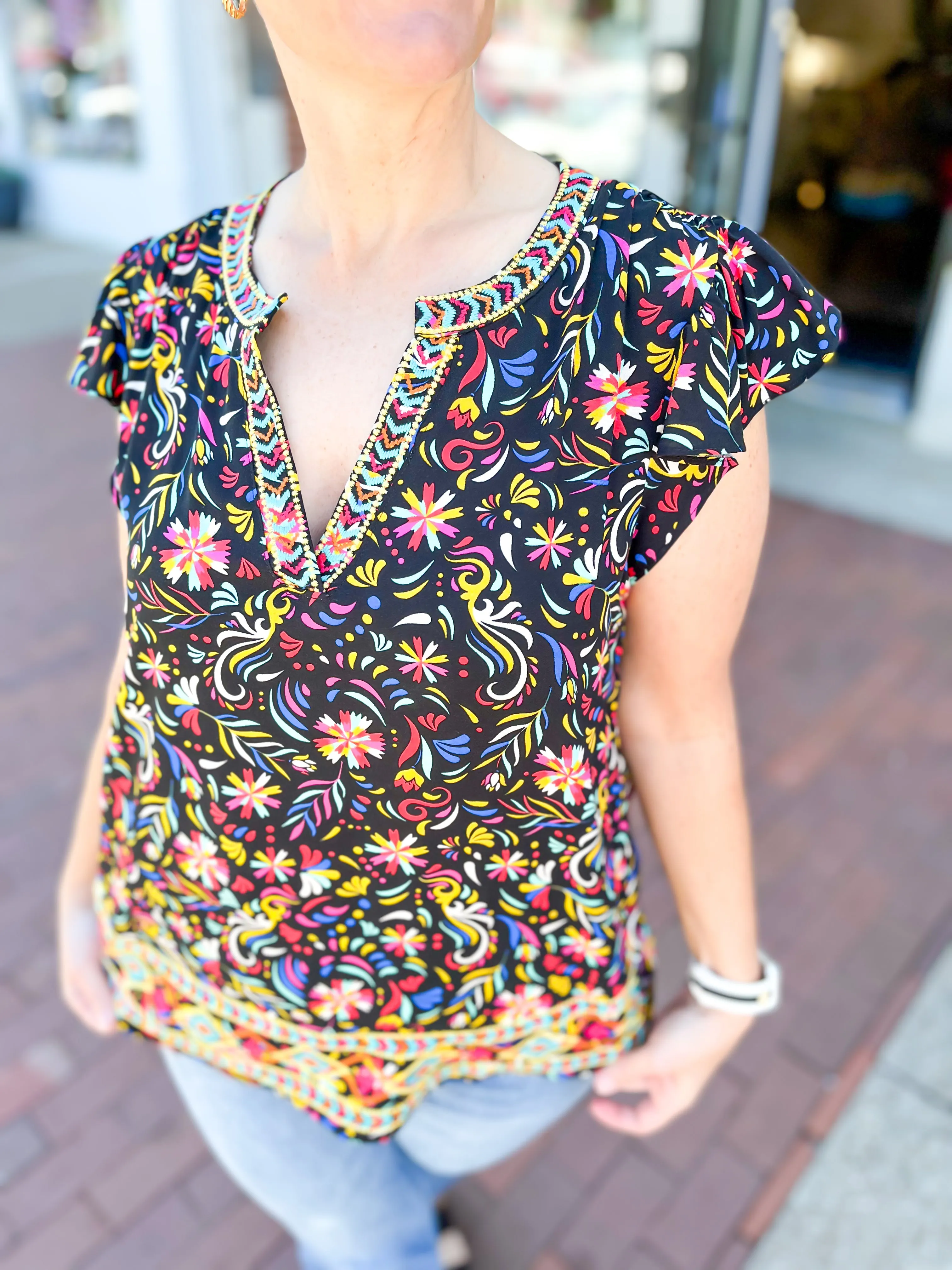 Black Multi Print Embroidered Blouse