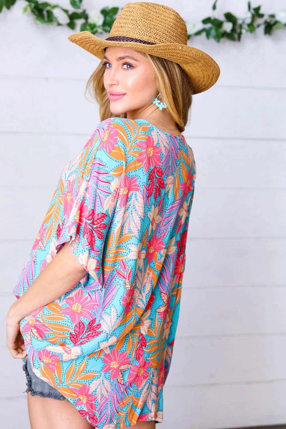 Blue Pink Tropical Floral Oversized Dolman Blouse Top