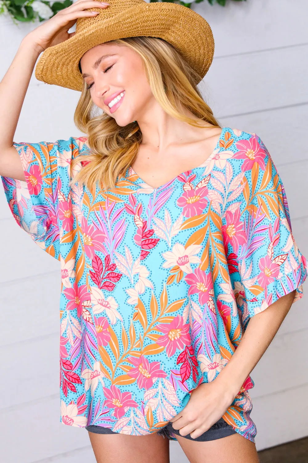 Blue Pink Tropical Floral Oversized Dolman Blouse Top