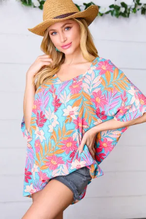 Blue Pink Tropical Floral Oversized Dolman Blouse Top