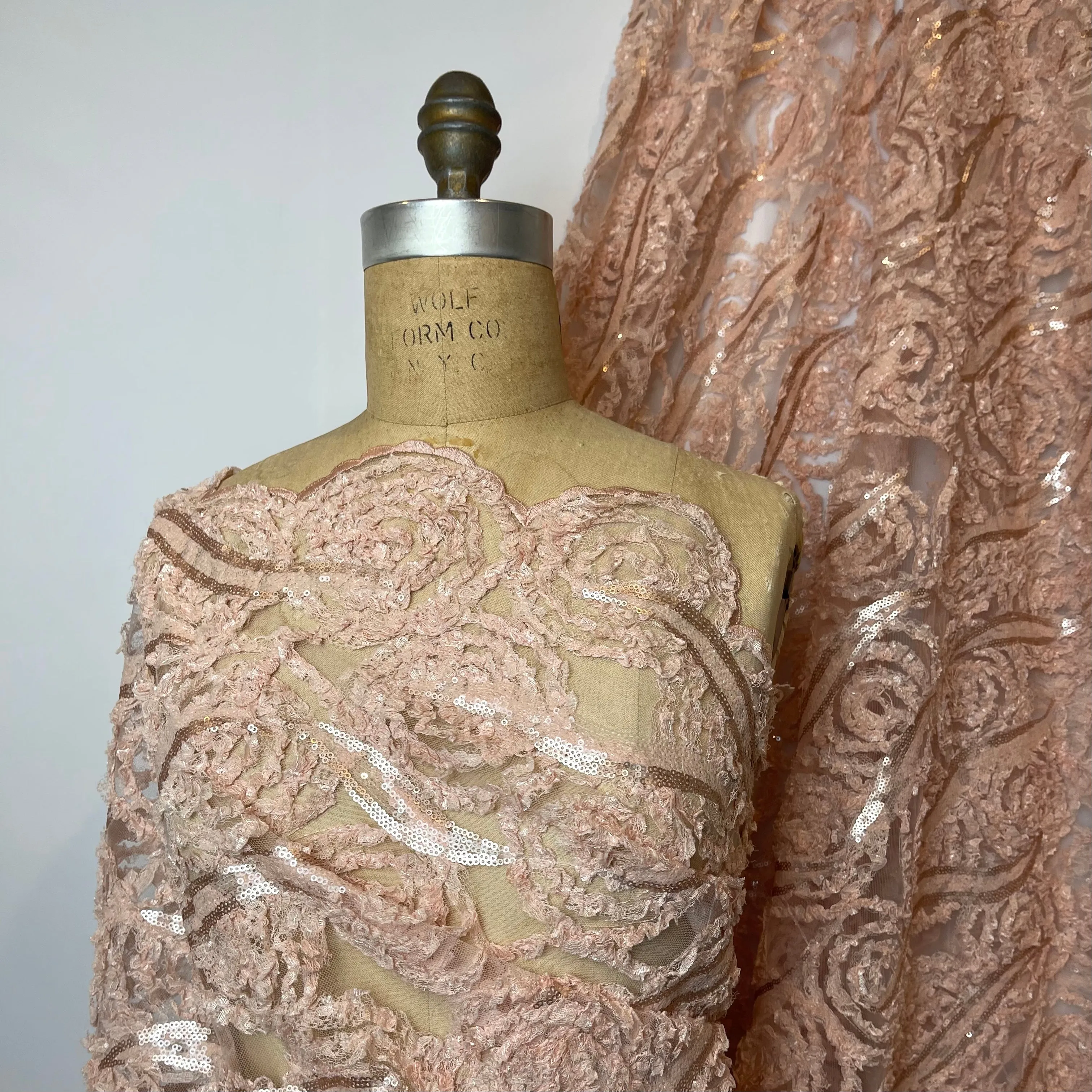 Blush pink textured rose sequin mesh