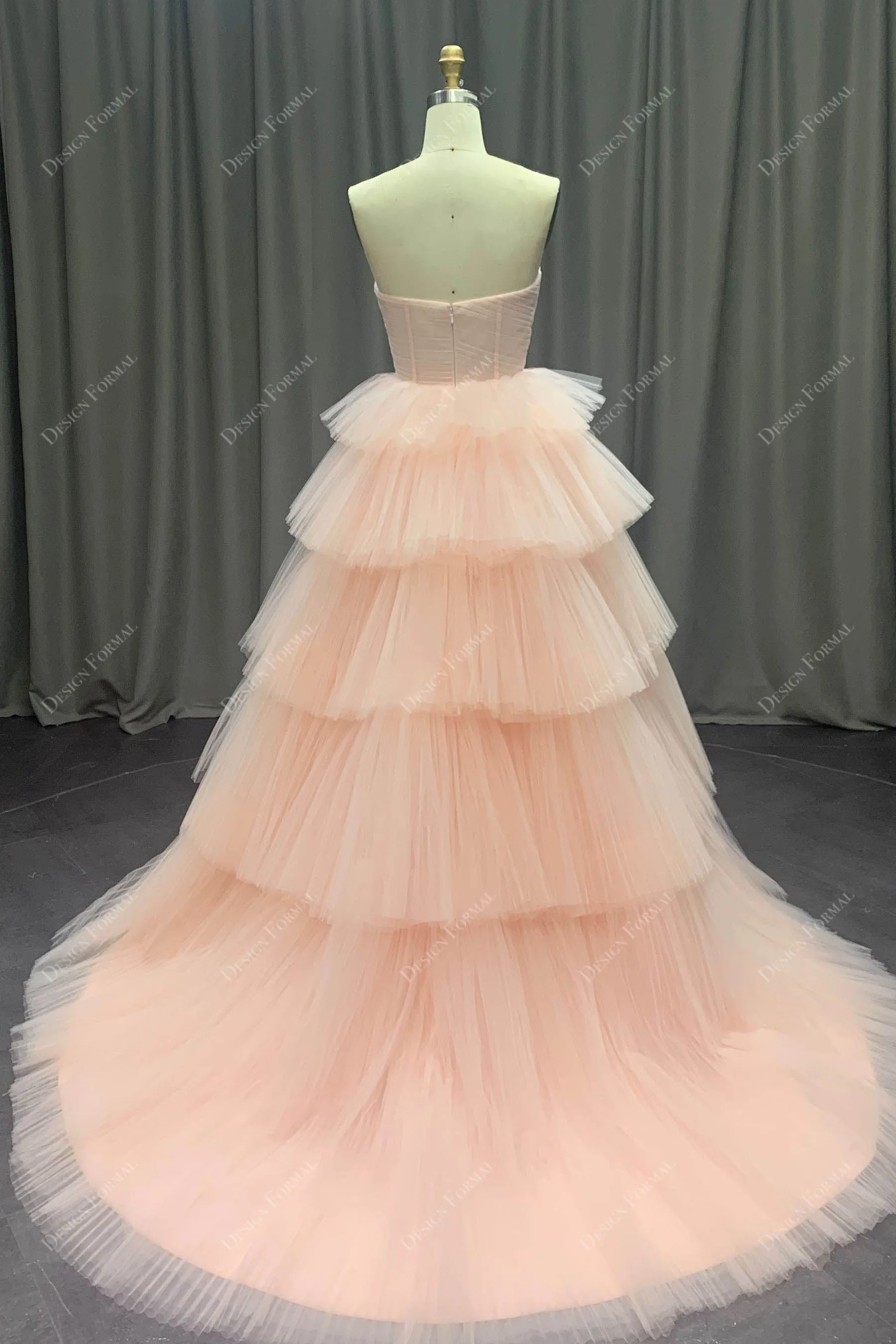 Blushing Pink Modern Corset Designer Tiered Pleated Tulle Gown