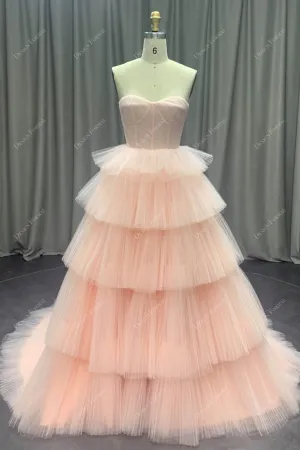 Blushing Pink Modern Corset Designer Tiered Pleated Tulle Gown