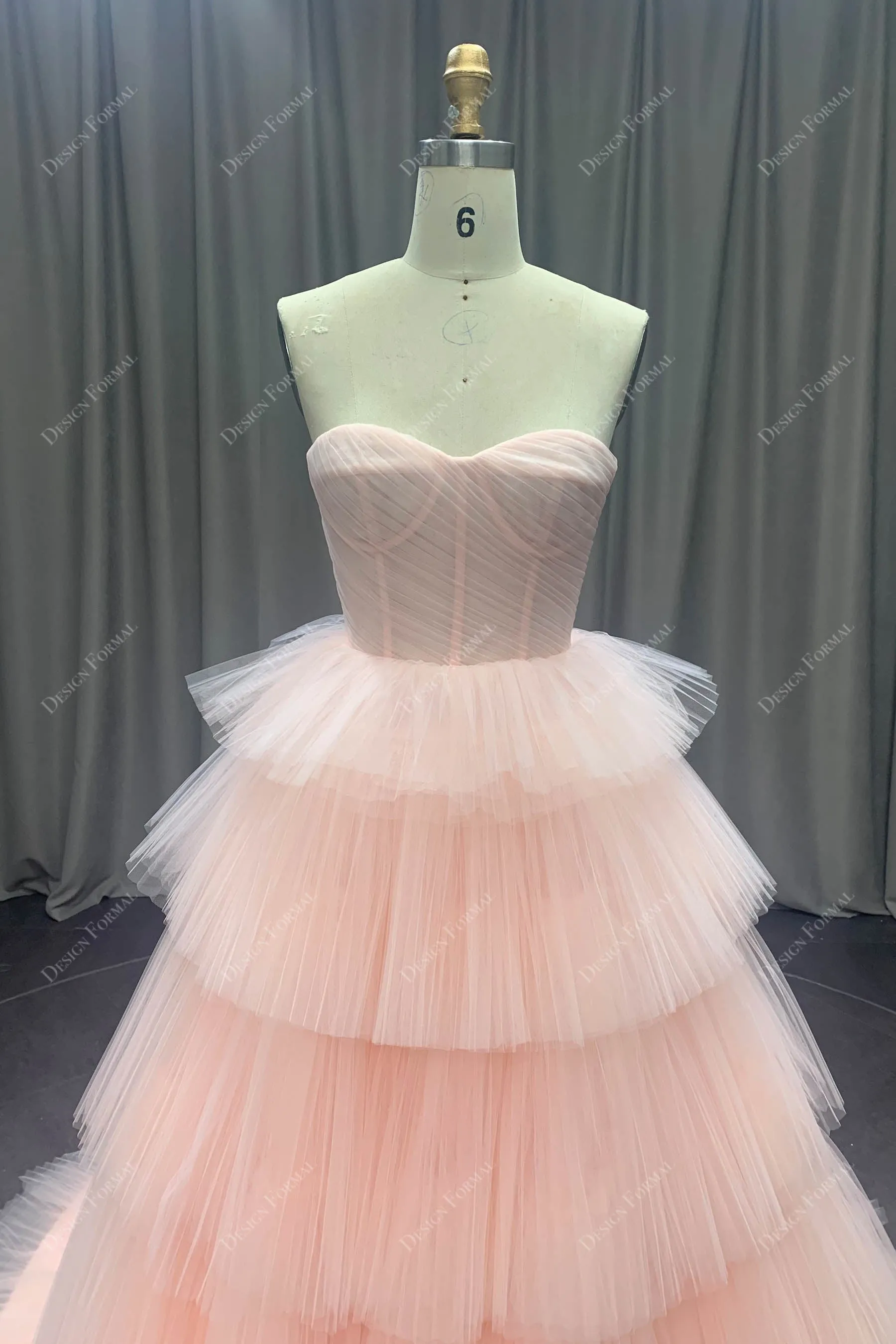 Blushing Pink Modern Corset Designer Tiered Pleated Tulle Gown