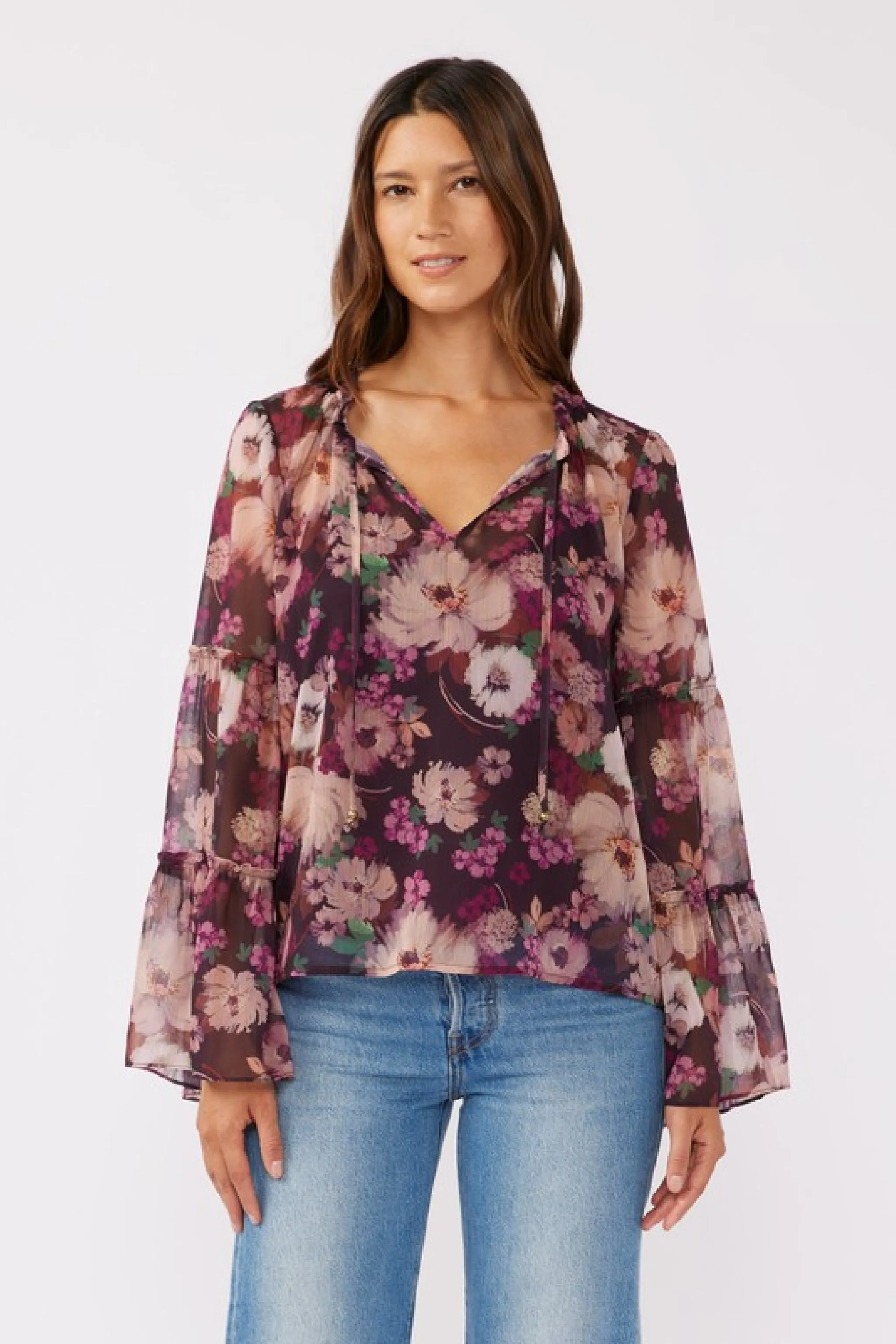 Brandy Long Bell Sleeve Floral Print Top Violet