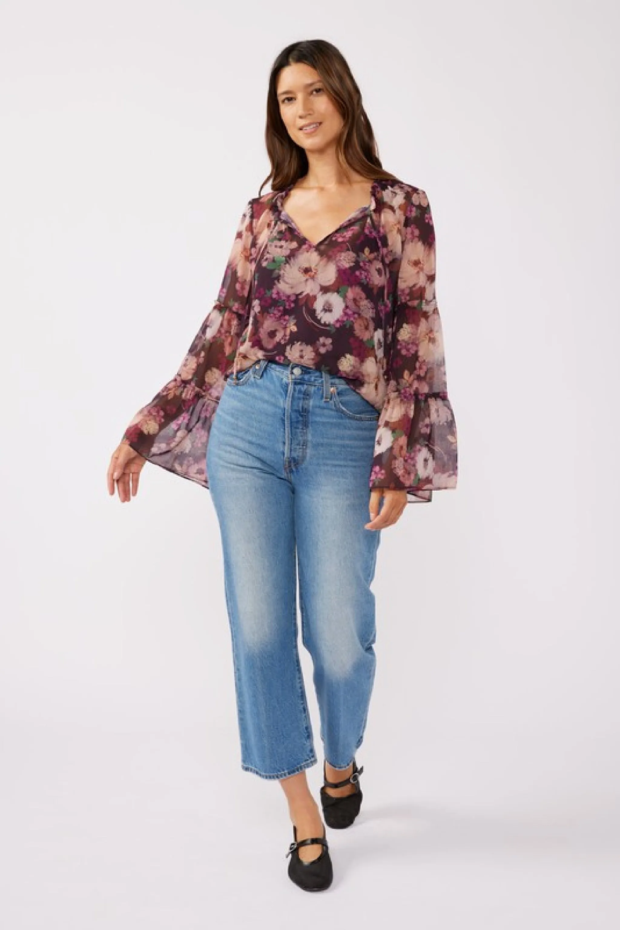 Brandy Long Bell Sleeve Floral Print Top Violet