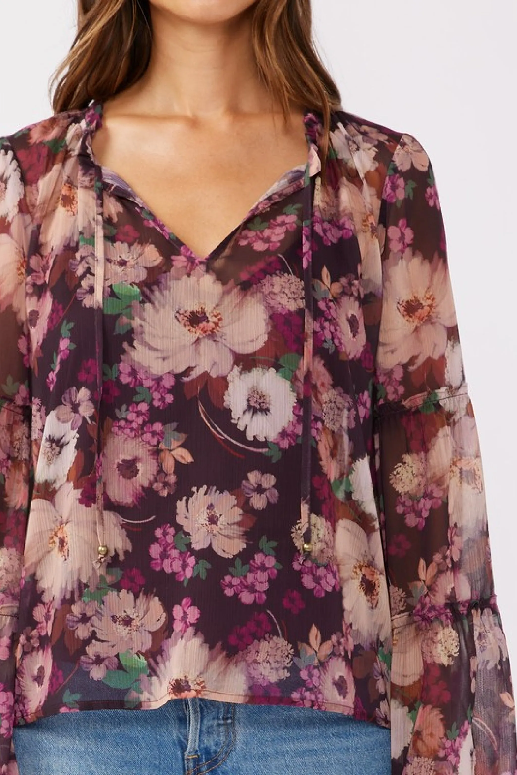 Brandy Long Bell Sleeve Floral Print Top Violet