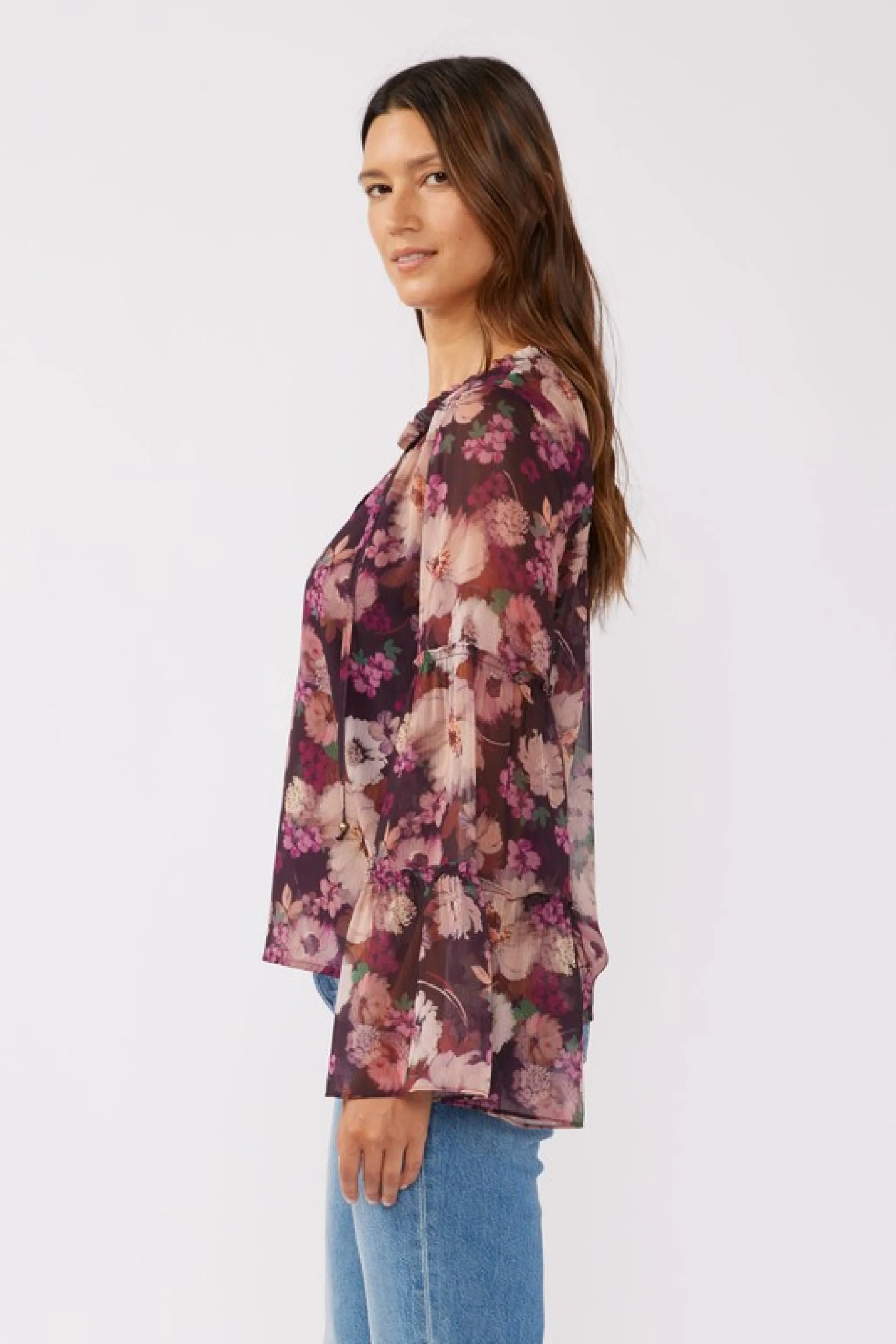 Brandy Long Bell Sleeve Floral Print Top Violet