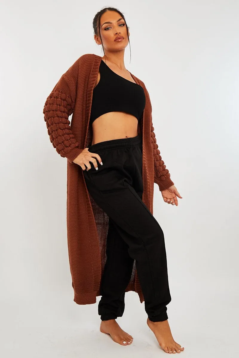 Brown Waffle Sleeve Maxi Cardigan - Davaya