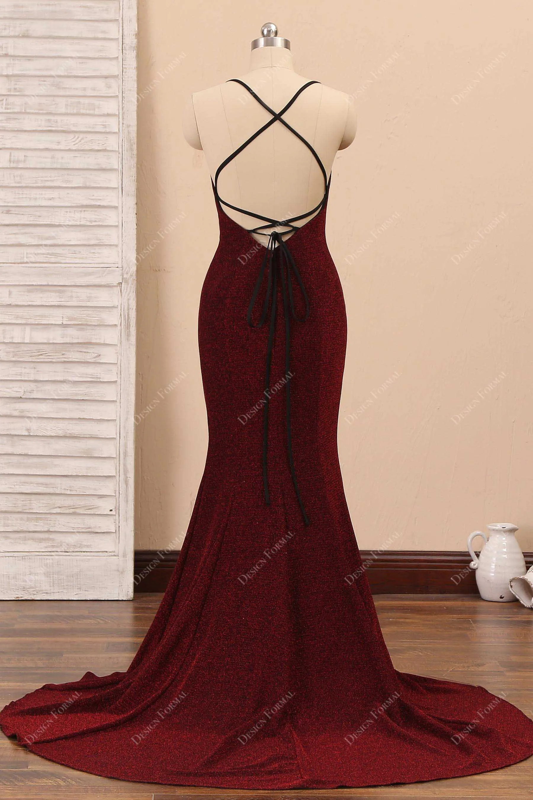 Burgundy Glitter Mermaid Spaghetti Strap Trendy Simple Dress