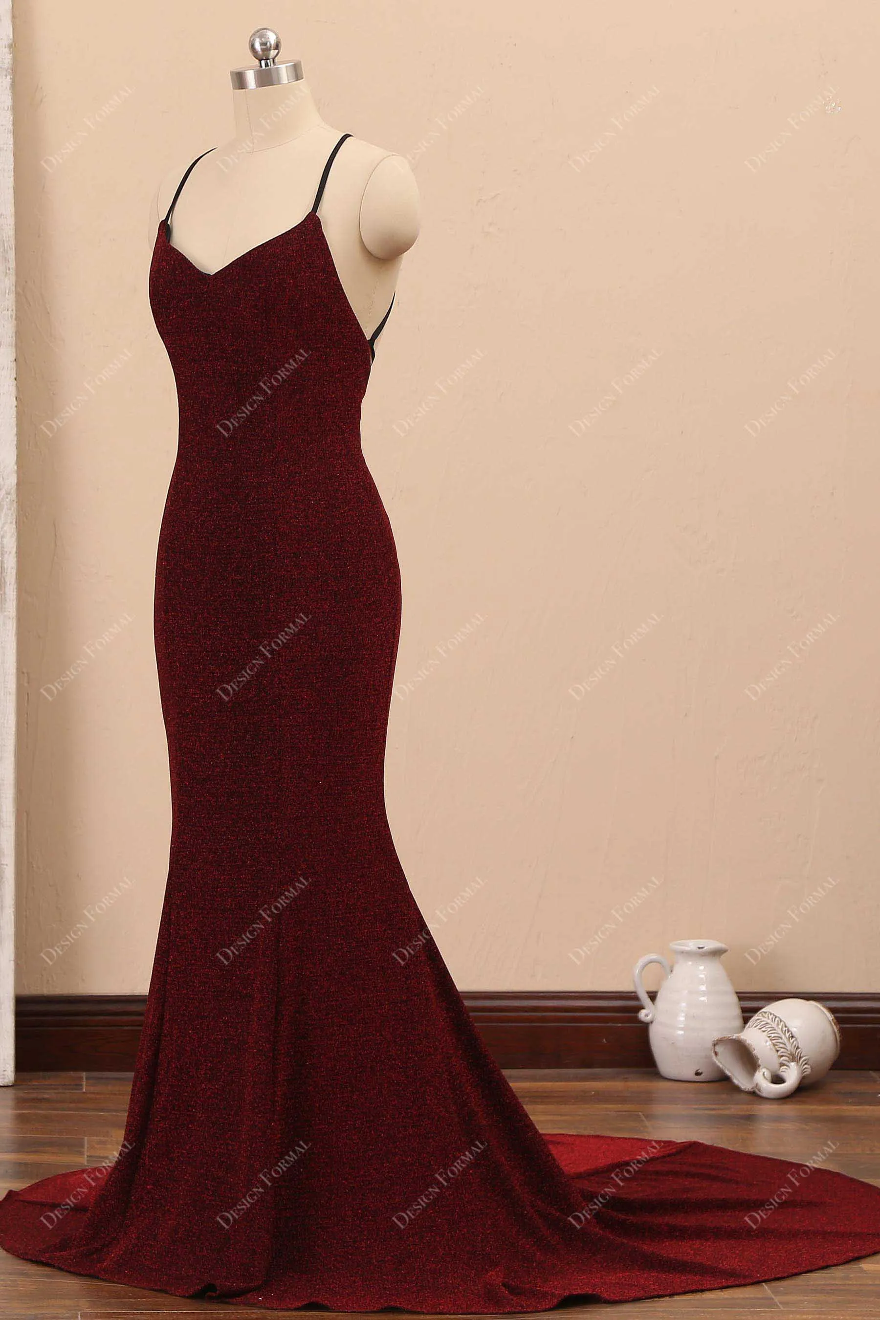 Burgundy Glitter Mermaid Spaghetti Strap Trendy Simple Dress