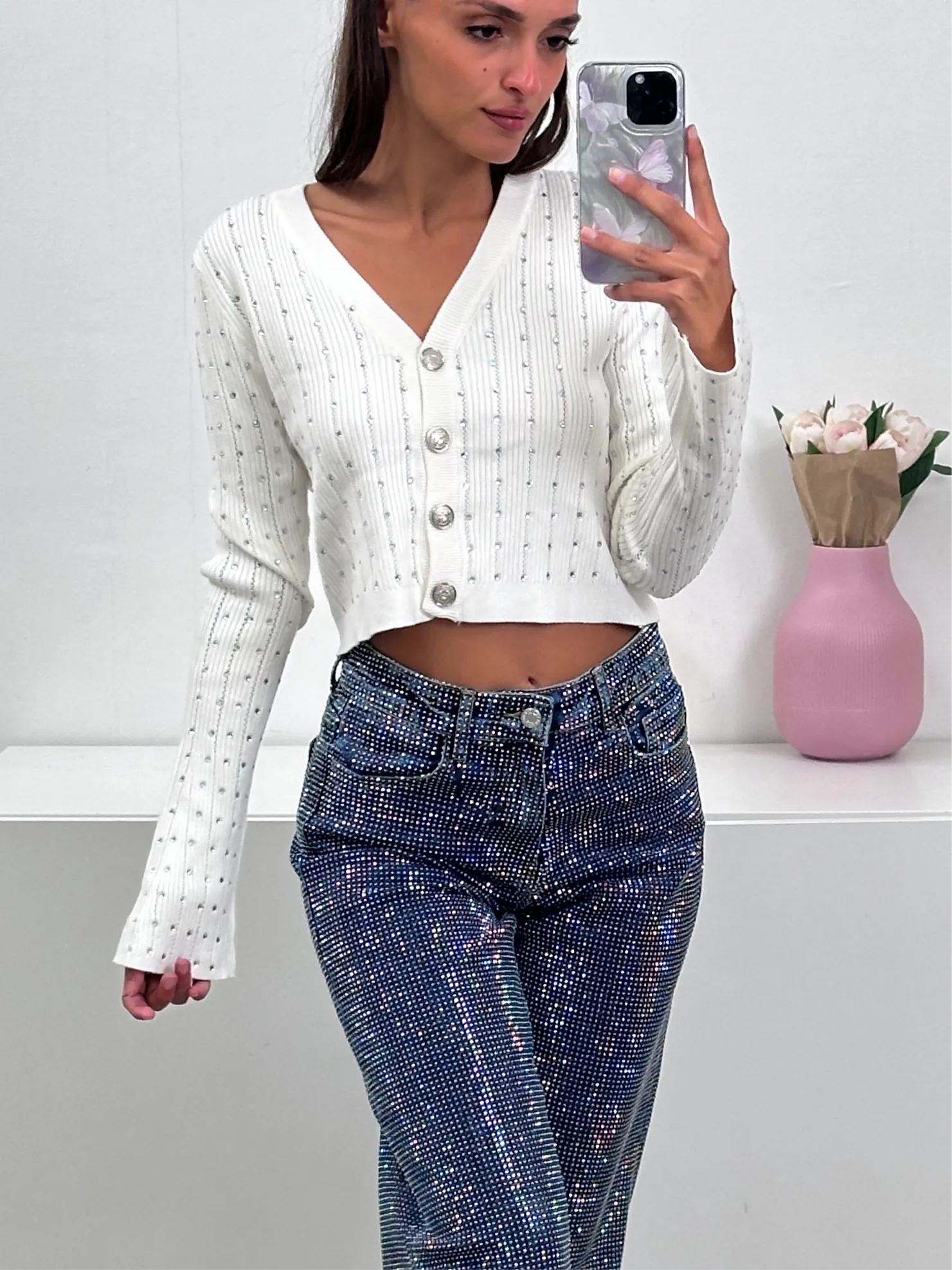 Cardigan corto in filo con brillantini