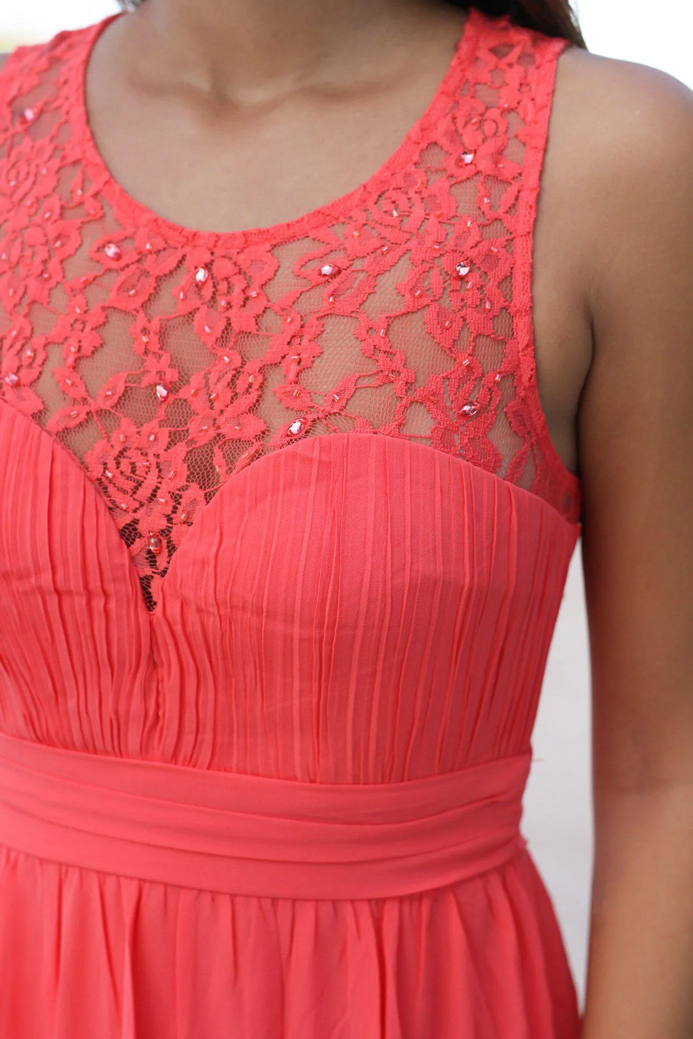 Coral Maxi Dress with Pleated Lace Top