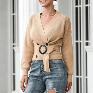 Elegant Women Cardigan Sweater Fashion Belt Autumn Knitted Double Breasted Long Sleeve Tunic Coat Sexy V Neck Black Top