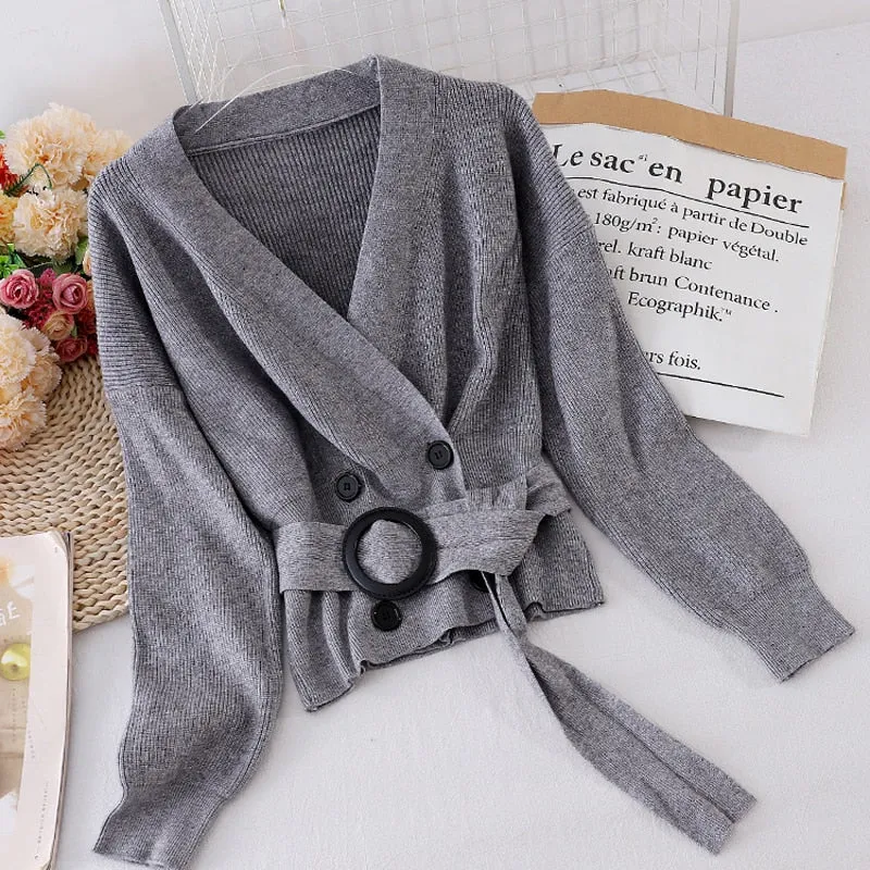 Elegant Women Cardigan Sweater Fashion Belt Autumn Knitted Double Breasted Long Sleeve Tunic Coat Sexy V Neck Black Top