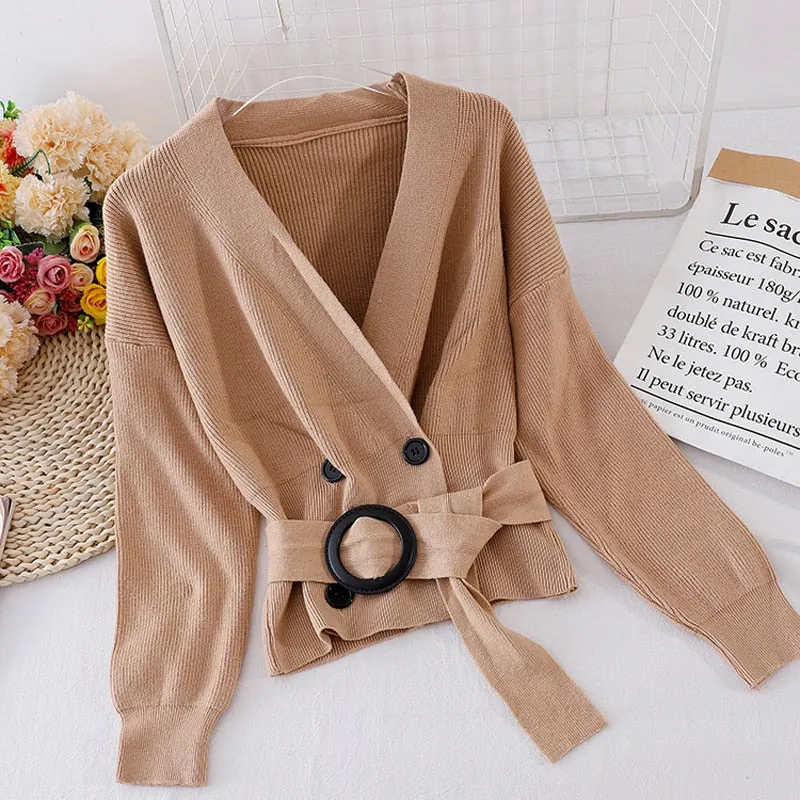 Elegant Women Cardigan Sweater Fashion Belt Autumn Knitted Double Breasted Long Sleeve Tunic Coat Sexy V Neck Black Top