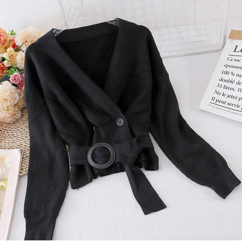 Elegant Women Cardigan Sweater Fashion Belt Autumn Knitted Double Breasted Long Sleeve Tunic Coat Sexy V Neck Black Top