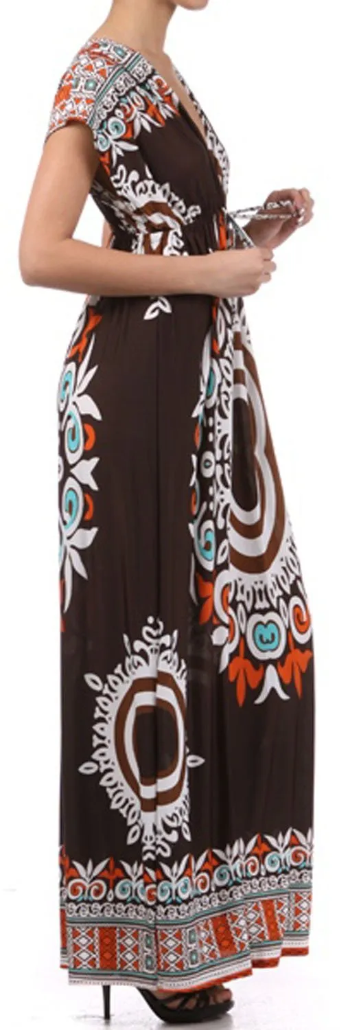 Ethnic Tribal Print V-Neck Cap Sleeve Empire Waist Long / Maxi Dress