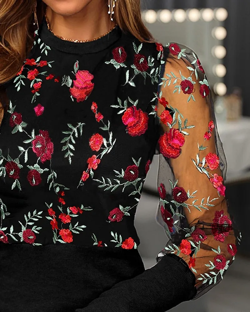 Floral Embroidery Sheer Mesh Blouse - Black