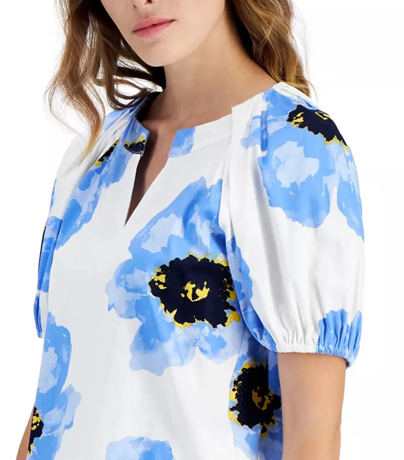 Floral-Print Puff-Sleeve Blouse Bright White/Shore Blue