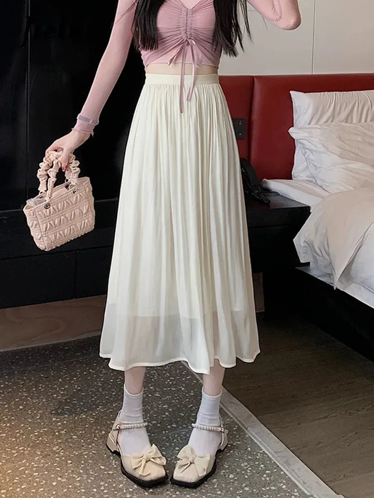 Gauze Skirt Women New Summer Pearlescent Long Skirt Female Fashion Elegant Purple Green Black Loose Mesh Midi Skirts S-XL