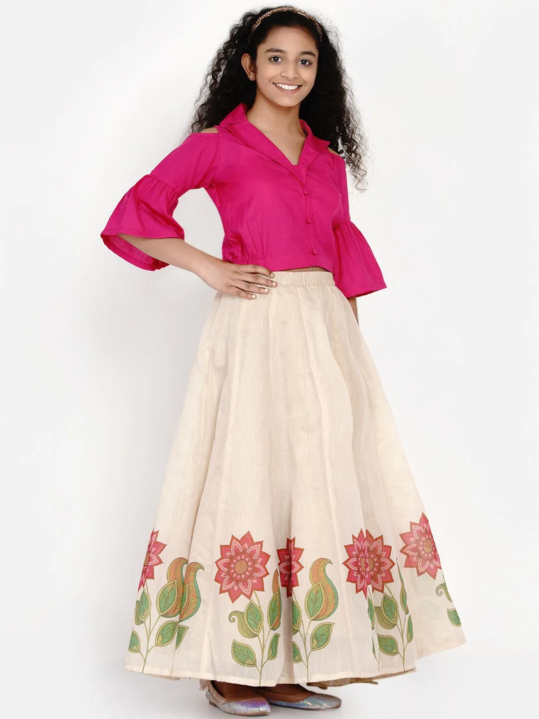 Girls Pink & Beige Solid Ready To Wear Lehenga & Ready To Wear Blouse